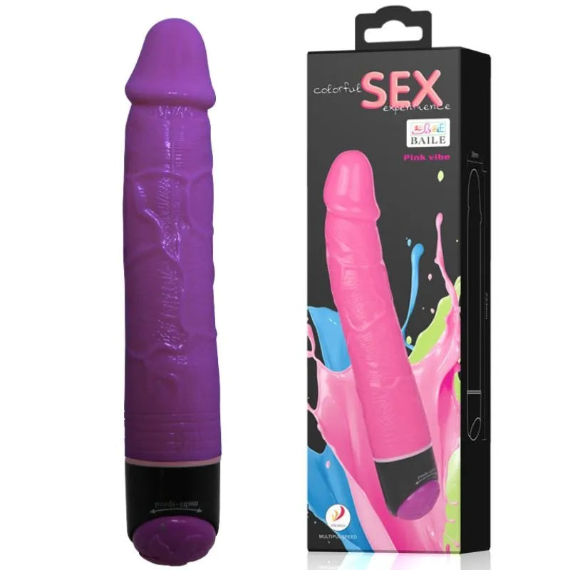 Gode vibrant réaliste violet texturé veiné, base noire, multi-vitesse, hypoallergénique, emballage coloré.