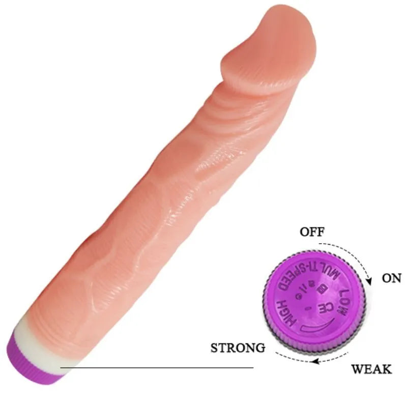 Gode vibrant réaliste chair multivitesse, texture veinée, contrôleur base violet, longueur 22cm, diamètre 4cm.