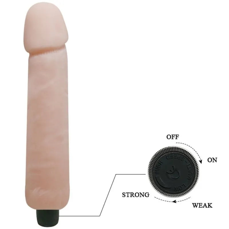 Gode vibrant réaliste beige en thermoplastique, texture peau, avec régulateur de vibrations noir à la base.