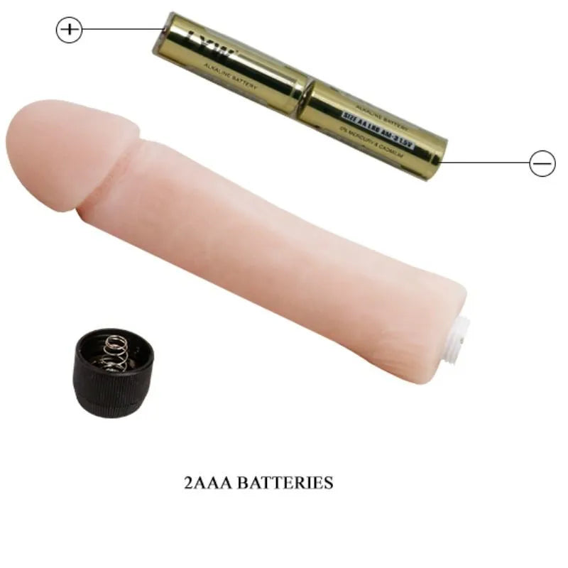 Gode vibrant réaliste beige, texture peau, ergonomique, avec régulateur de vibrations, partiellement étanche, piles AAA.