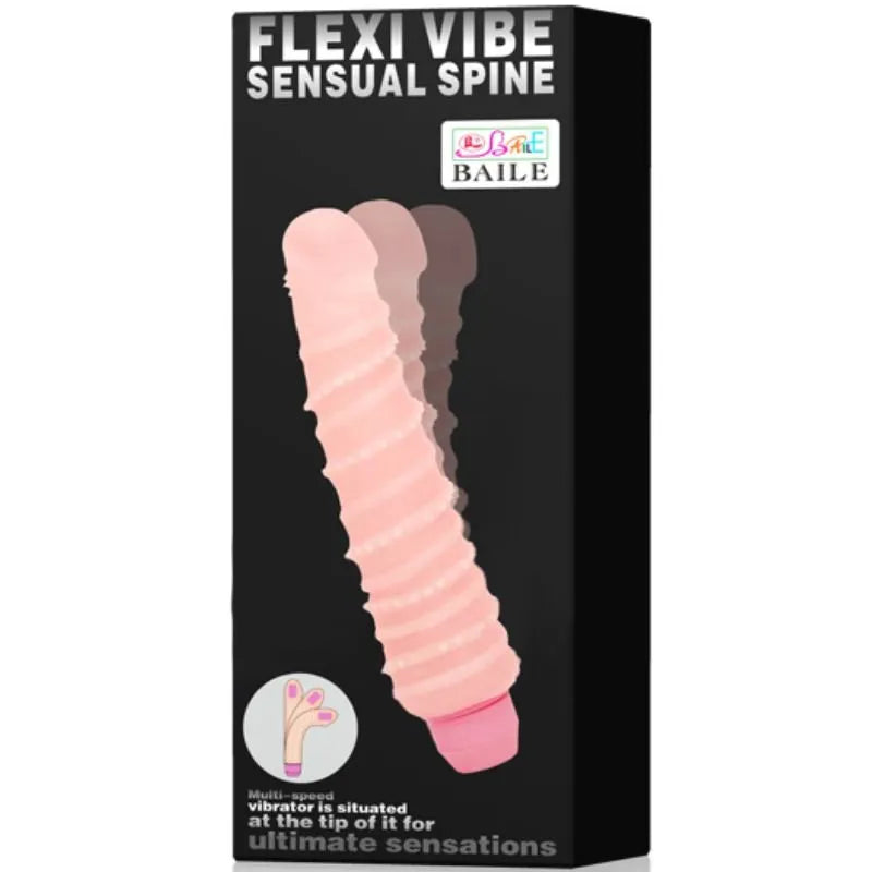 Gode vibrant texturé chair réaliste avec veines saillantes et gland arrondi, sur fond noir, boîte incluse.