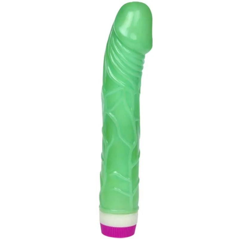 Gode vibrant vert réaliste texturé veiné multivitesse, longueur 23cm, diamètre 43mm, contrôleur ergonomique.