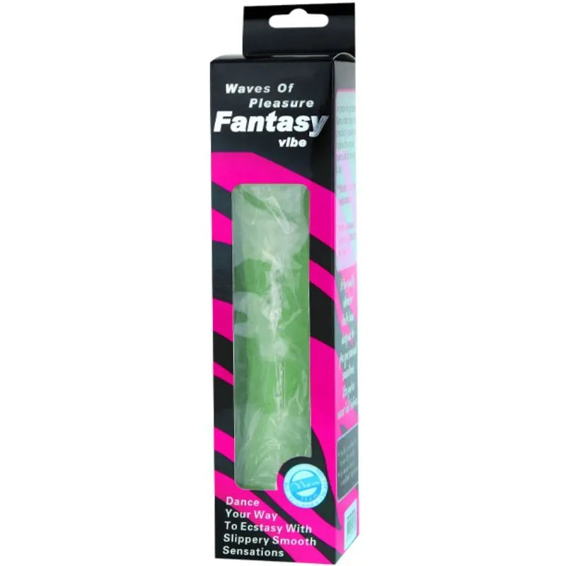 Gode vibrant vert réaliste multivitesse, texture veinée, 23cm, contrôleur ergonomique, emballage rose et noir.