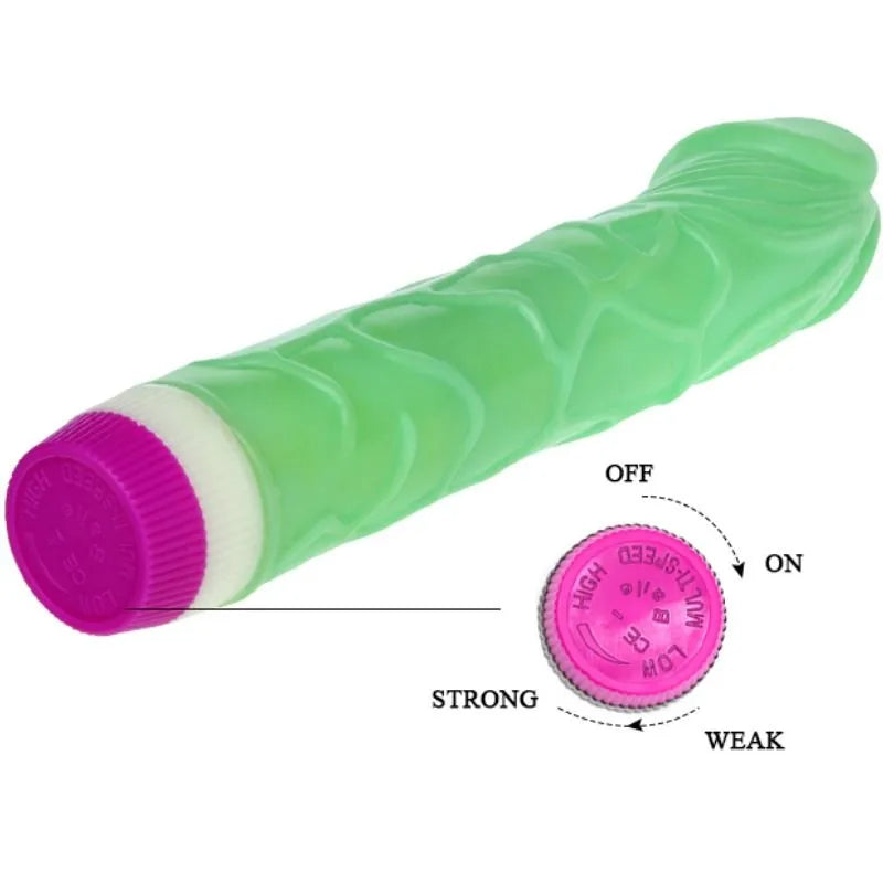 Gode vibrant vert réaliste multivitesse, texture veinée, contrôleur violet, 23cm, diamètre 43mm, compatible lubrifiant.
