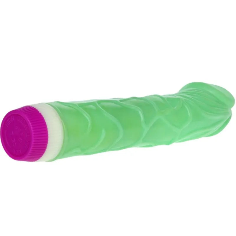 Gode vibrant vert réaliste multivitesse, texture veinée, longueur 23cm, diamètre 43mm, contrôleur ergonomique.