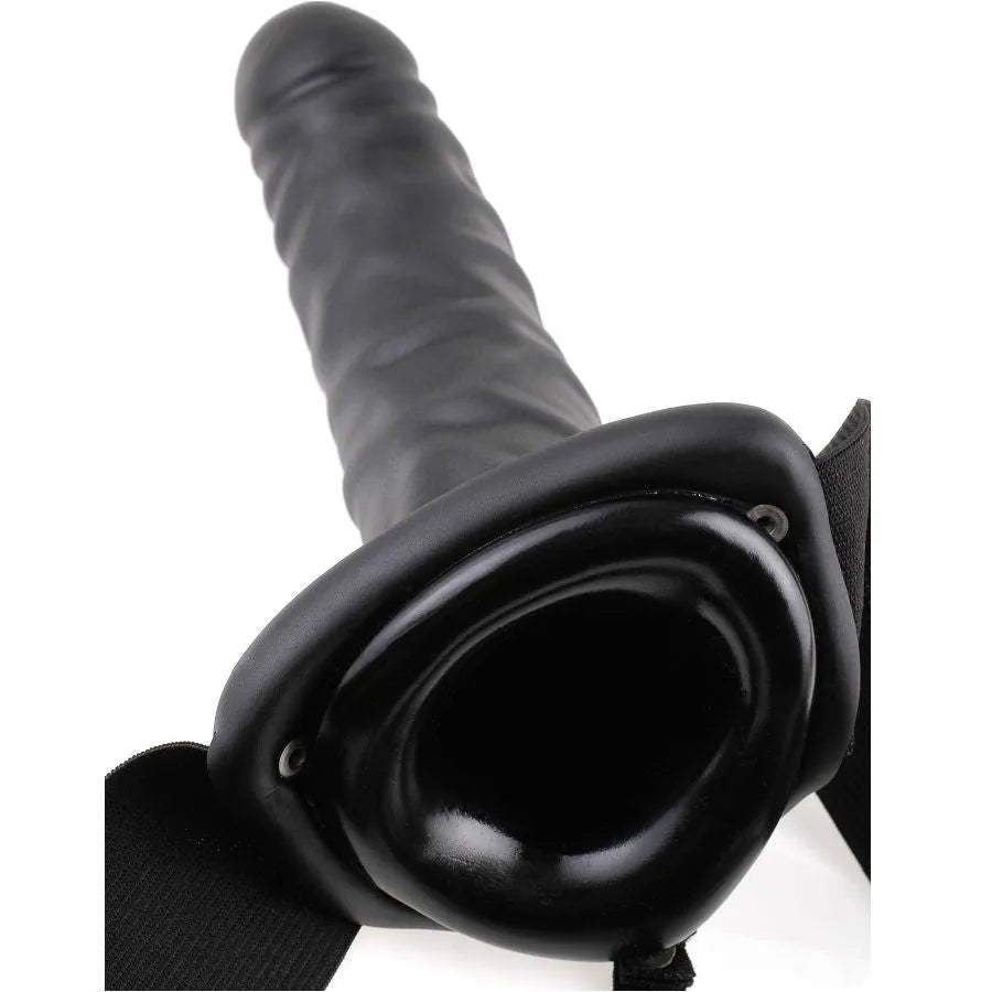 Godemichet creux noir 8 pouces avec harnais réglable, silicone sans phtalates, ergonomique pour expérience intime.