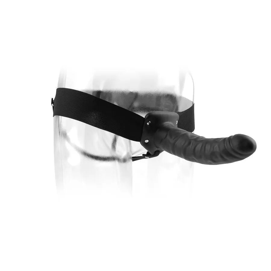 Godemichet creux noir 8 pouces avec harnais élastique réglable, silicone sûr, ergonomique, sur mannequin transparent.