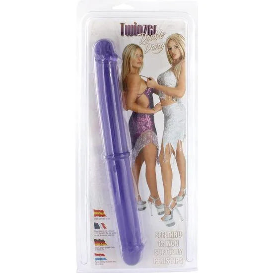 Godemichet double pénétration violet, texture souple, PVC sans phtalates, longueur 32cm, diamètre 35mm, ergonomique.