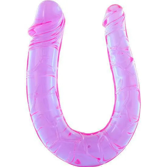 Godemichet double tête rose, gélatine flexible, veiné, réaliste, 30 cm, stimulation vaginale et anale, polyvalent.