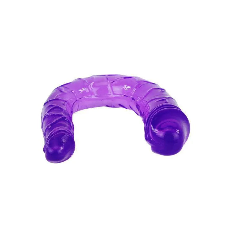 Godemichet double tête violet, texture réaliste, 290 mm, gélatine ultra-souple, pénétrations vaginales et anales.