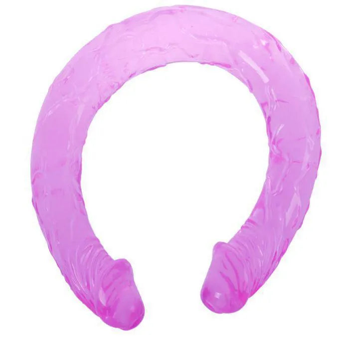Godemichet double tête rose, flexible, texturé, 44cm, pour sensations réalistes en pénétration vaginale et anale.