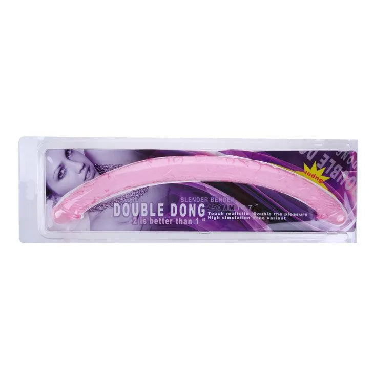 Godemichet double tête rose, flexible, texturé, 44cm, pour pénétration vaginale et anale, emballage transparent.