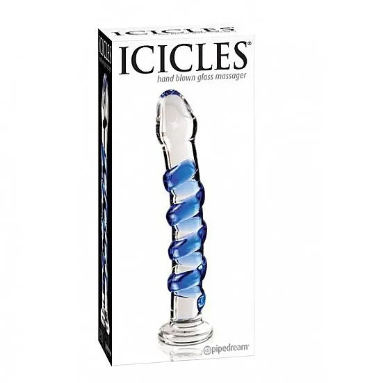Godemichet en verre soufflé transparent avec spirale bleue, élégant et hypoallergénique, sur fond blanc.