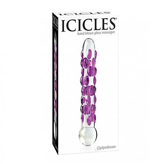 Godemichet en verre soufflé transparent avec détails violets, design élégant et hypoallergénique, sur fond blanc.