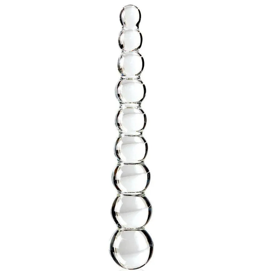 Godemichet en verre soufflé transparent, forme progressive à boules, hypoallergénique, artisanal, luxe ergonomique.