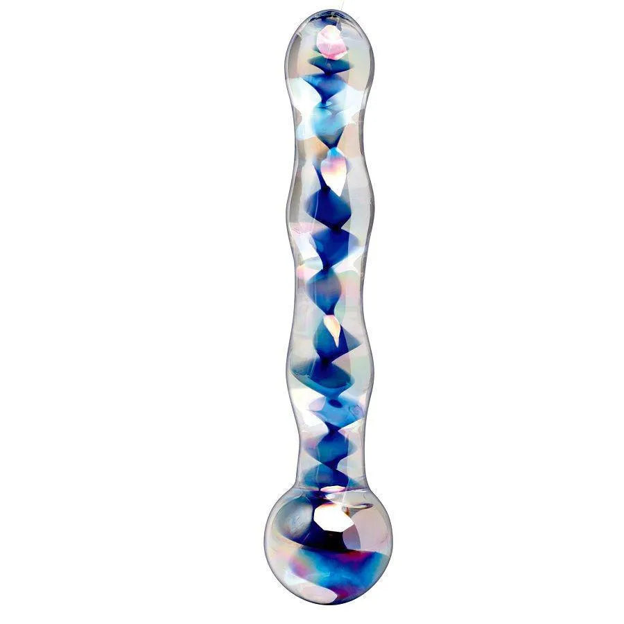 Godemichet en verre soufflé artisanal, finition brillante, forme ergonomique, couleurs irisées, hypoallergénique.