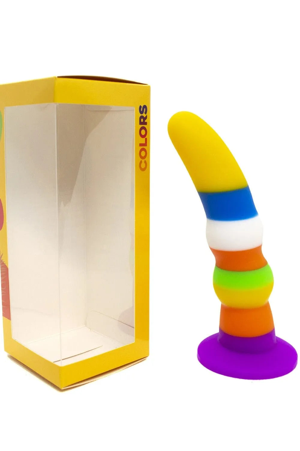 Godemichet silicone multicolore avec ventouse, forme ondulée, idéal pour plaisir anal ou vaginal, fixation mains libres.