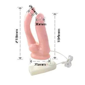 Godemichet rose double pénétration vibrant, latex doux, ventouse puissante, commande filaire, dimensions indiquées.