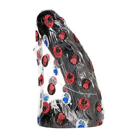 Godemichet noir 26 cm hypoallergénique, texture douce, sans phtalates, emballé sous plastique transparent avec motifs colo...