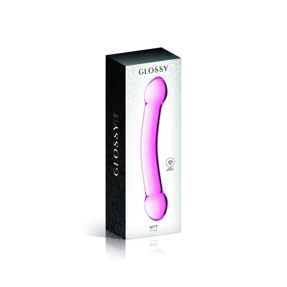 Double gode en verre rose, 195mm, diamètre variable, chauffable, réfrigérable, avec pochette velours, boîte incluse.