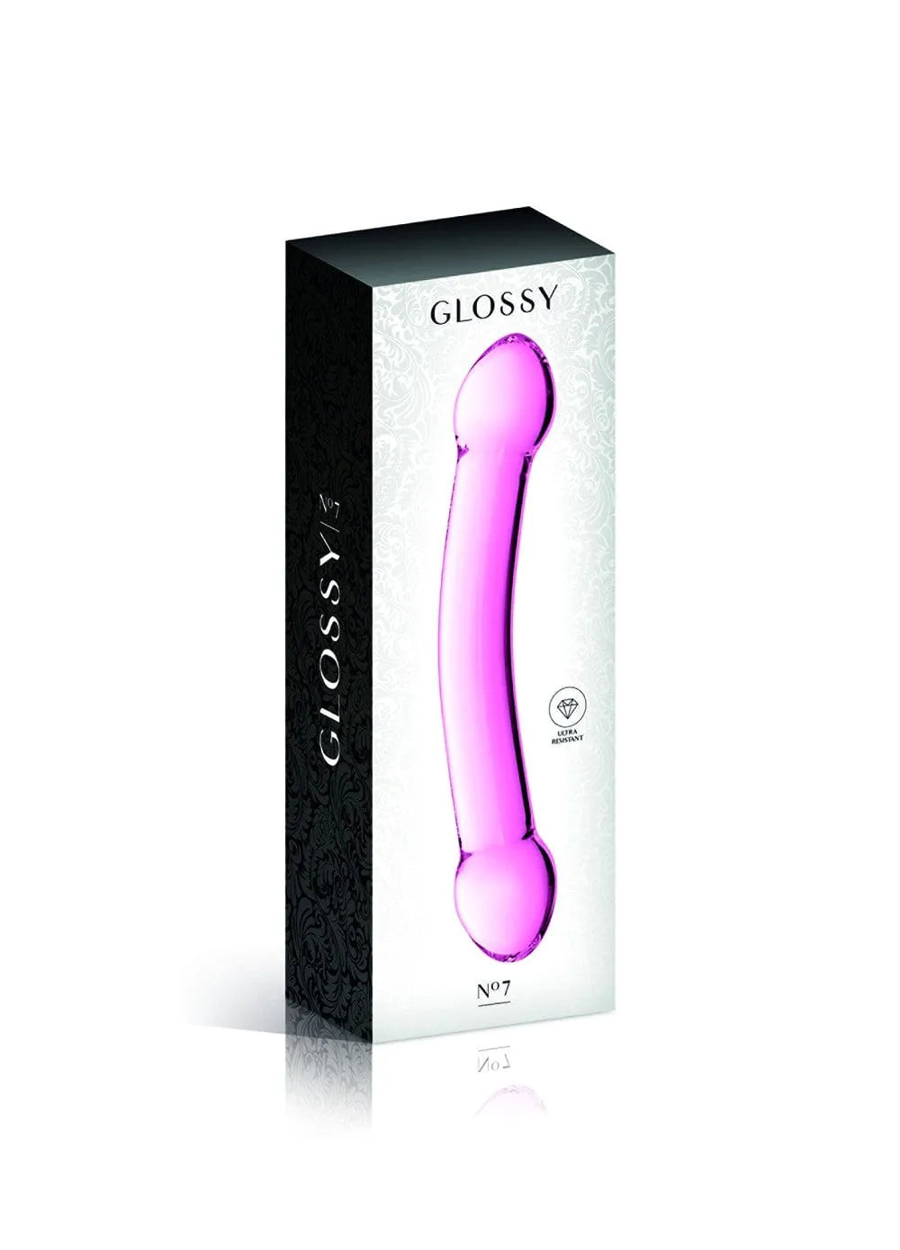 Double gode en verre rose, 195mm, diamètre variable, chauffable, réfrigérable, avec pochette velours, sextoy élégant.