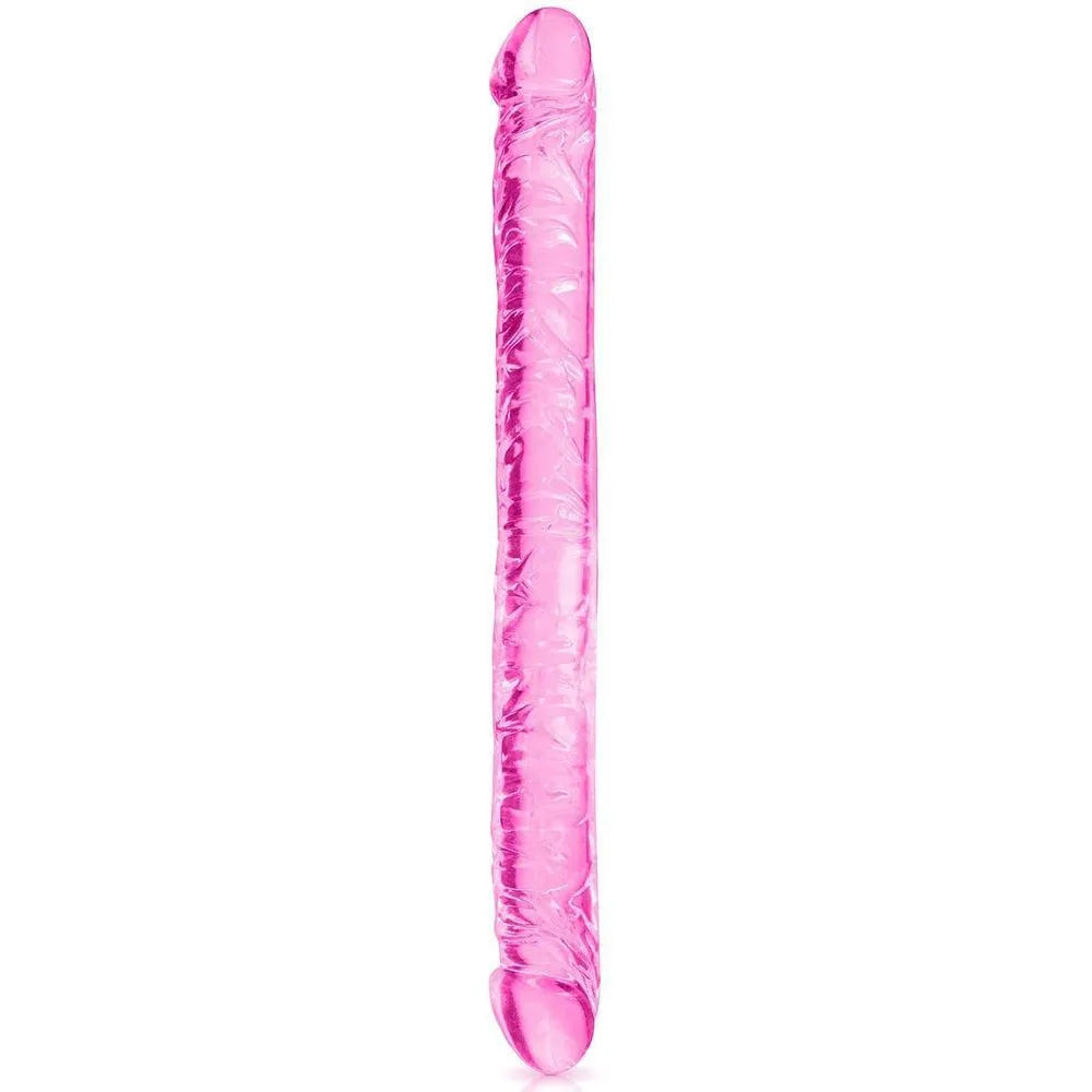 godemichet double rose gélatineux doux glissant veiné réaliste glands extrémités pénétration partage ergonomique longueur 34cm diamètre 32mm poids 220g
