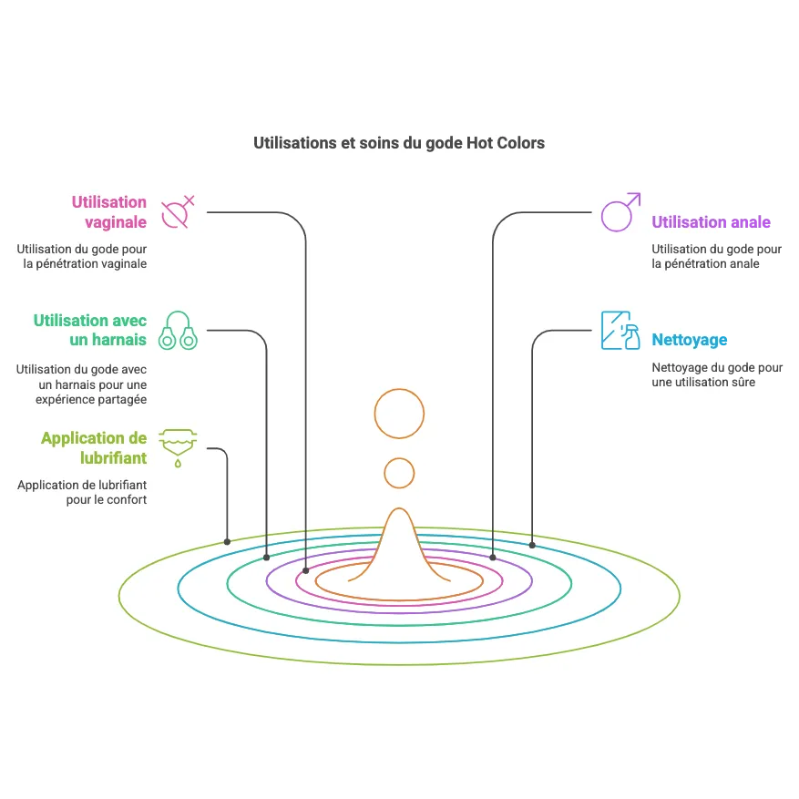 Godemichet multicolore en silicone avec ventouse et testicules, utilisable avec harnais; idéal pour plaisir vaginal et anal.