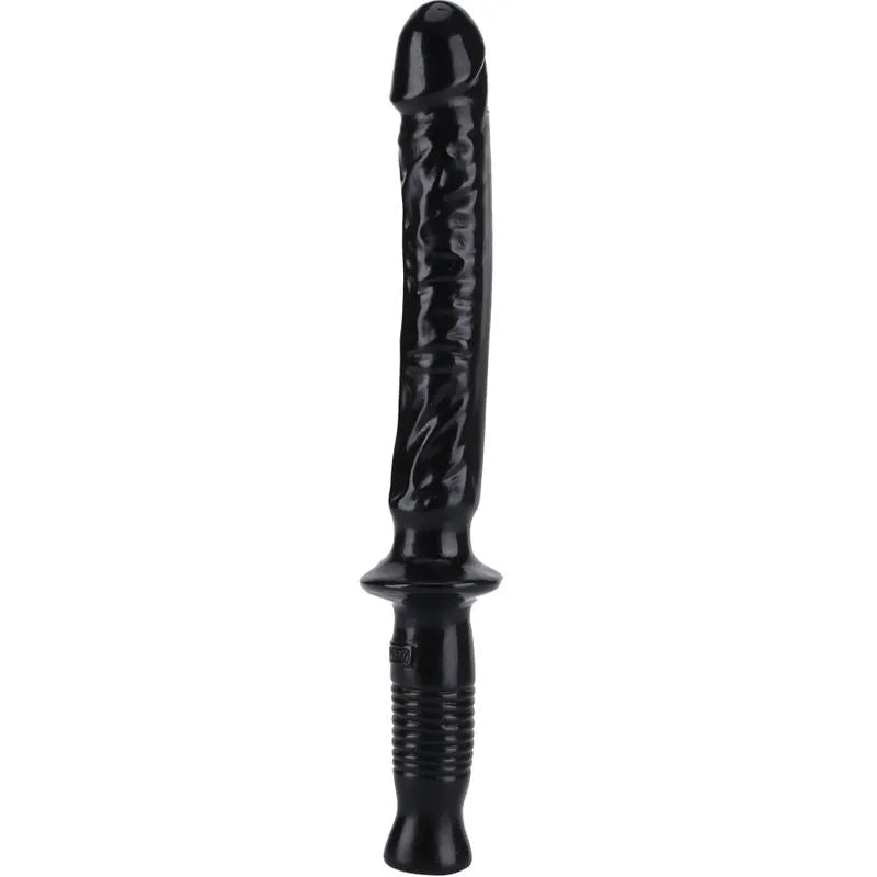 Godemichet noir transparent PVC veiné, 38cm, poignée ergonomique, sans phtalates, pour plaisir sûr et intense.