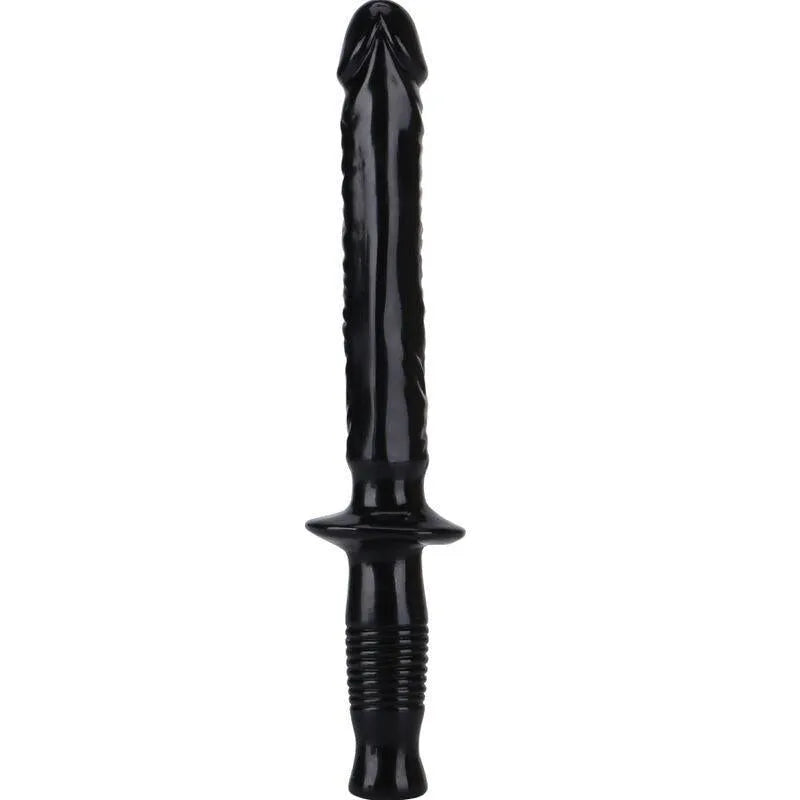 Godemichet noir transparent PVC veiné, 38cm, poignée ergonomique, design réaliste, sans phtalates, emballage discret.