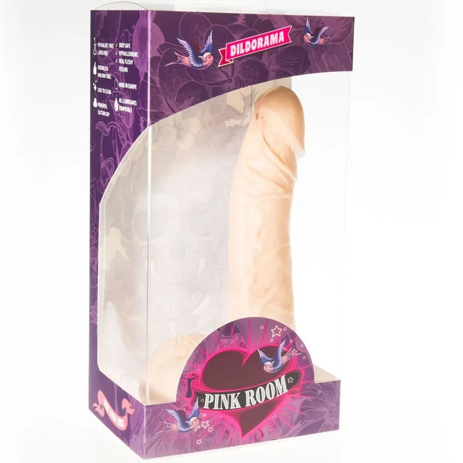 Godemichet réaliste Eban beige 19 cm, PVC hypoallergénique, ventouse puissante, emballage rose et transparent.