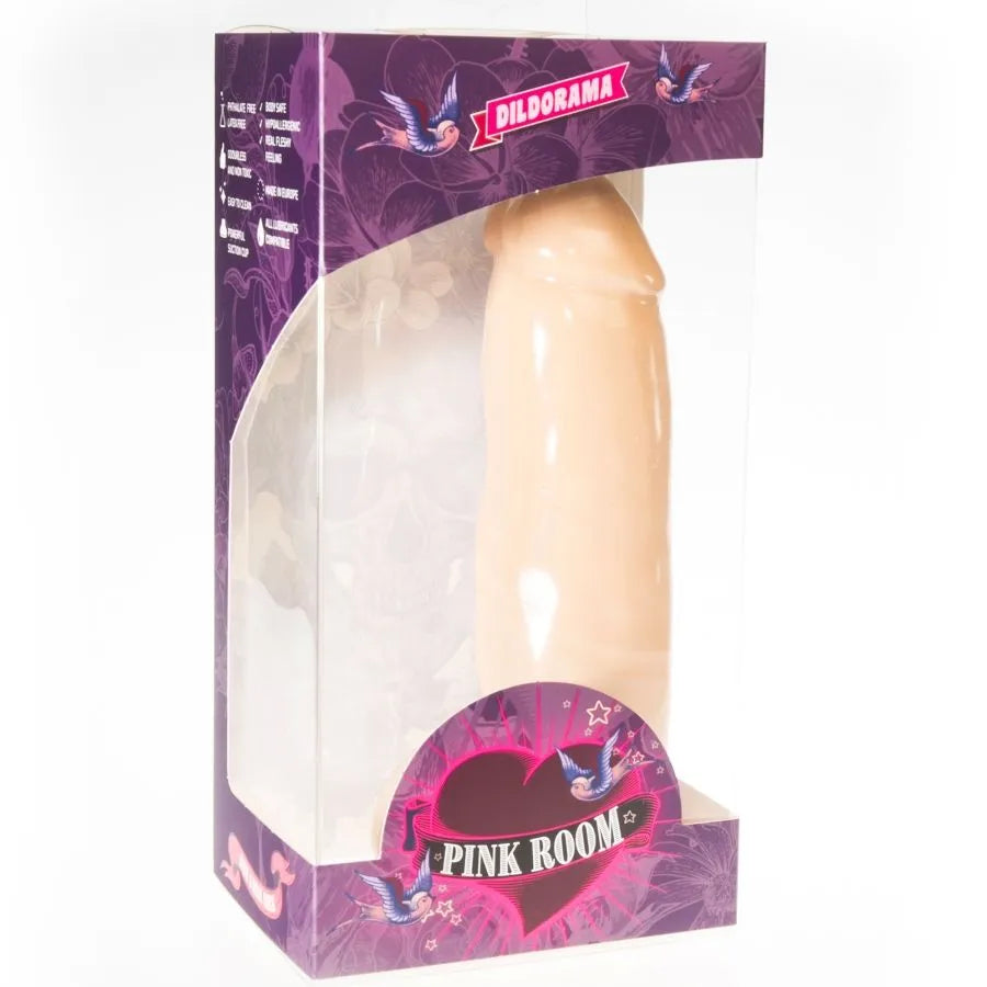 Godemichet réaliste beige en PVC hypoallergénique avec ventouse, texture naturelle, dans boîte rose et violette.