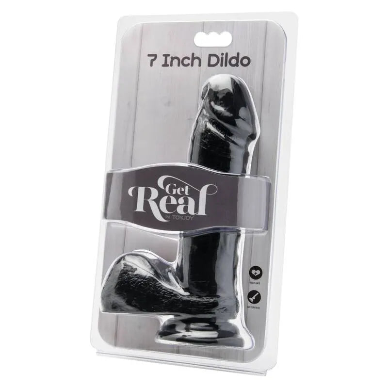 Godemichet réaliste noir PVC sans phtalates, texture veinée, tige lisse, emballage transparent, stimulation authentique.
