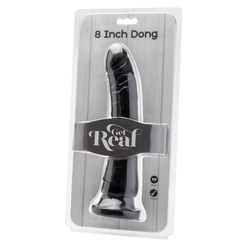 Godemichet réaliste noir PVC 20,5 cm, veines proéminentes, texture douce, emballage transparent.