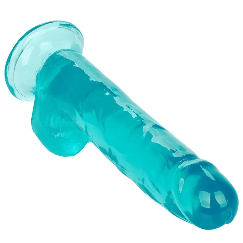 Godemichet réaliste bleu en TPR, 20 cm, ventouse puissante, texture veinée, flexible, compatible harnais, étanche.