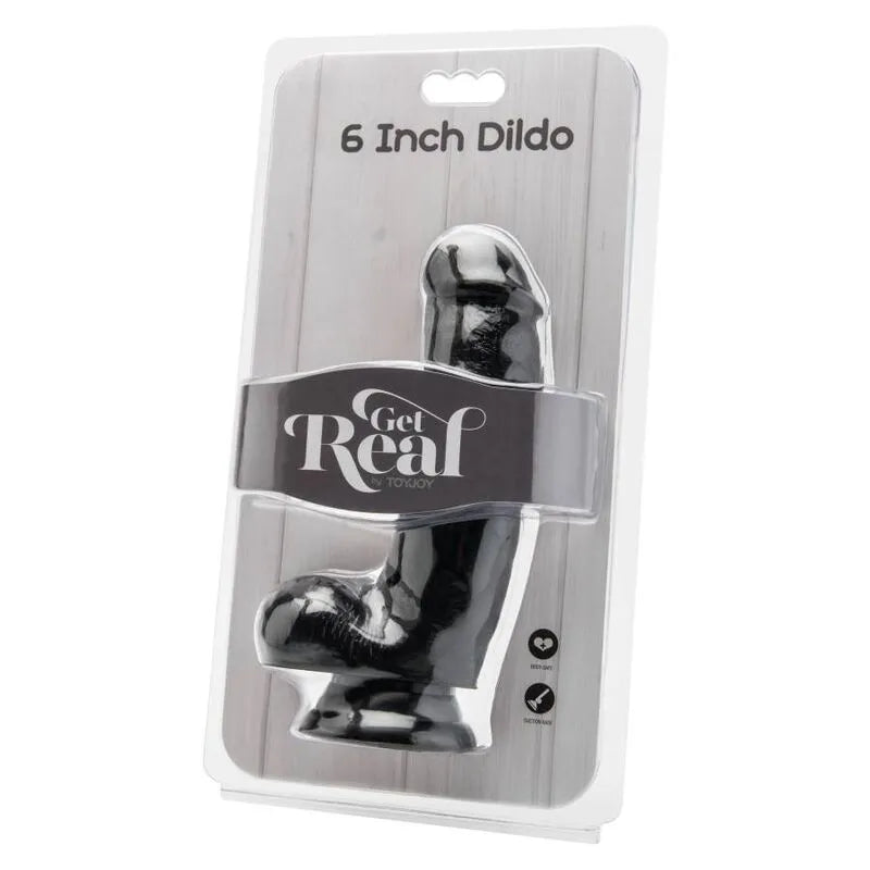Godemichet réaliste noir PVC avec veines pulsantes, texture lisse, détails anatomiques, emballage transparent.