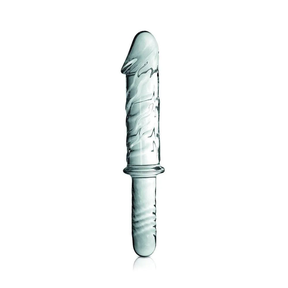 godemichet réaliste verre transparent poignée ergonomique 27cm diamètre variable 4cm 5cm chauffable refroidissable compatible lubrifiants nettoyage pochette velours