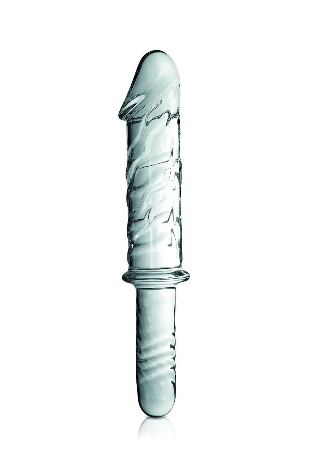 Godemichet en verre transparent avec poignée ergonomique, 27cm, diamètre variable, texture réaliste, pochette velours incl...