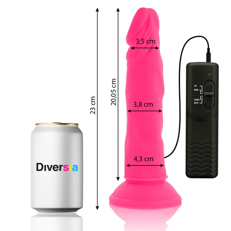 Godemichet rose télécommandé avec ventouse, dimensions indiquées, à côté d'une canette pour comparaison, ergonomique et ét...
