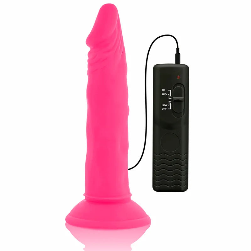 Godemichet rose télécommandé avec ventouse, texture réaliste, matériau souple TPE, vibrations réglables, étanche.