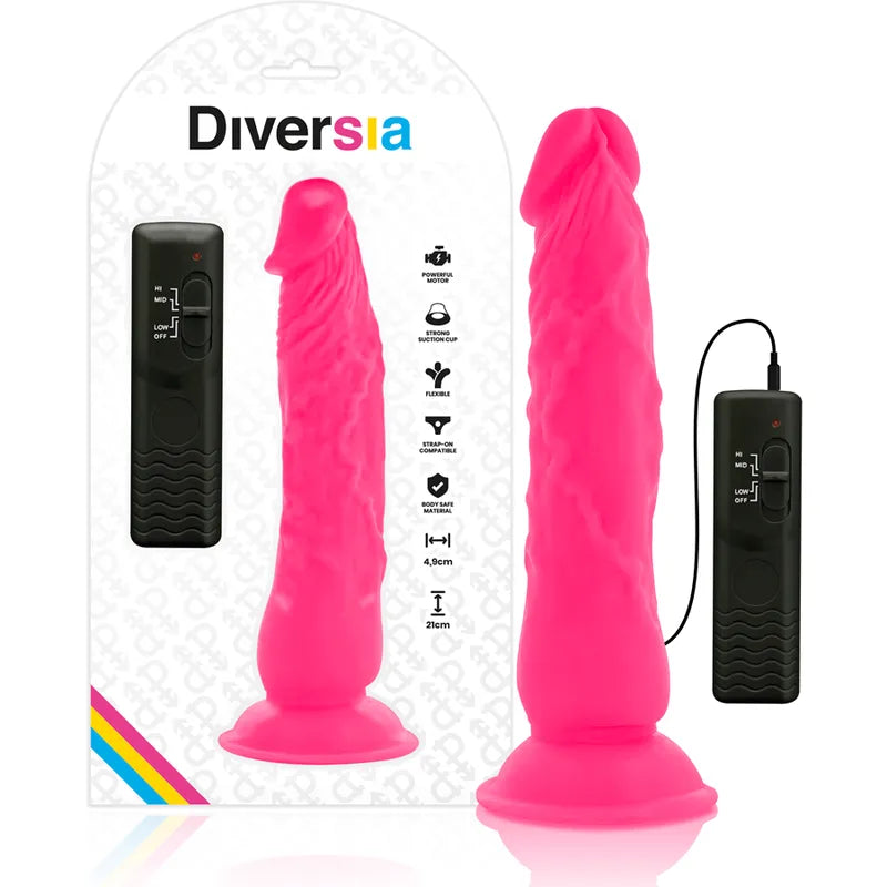 Godemichet rose flexible avec ventouse, télécommande noire, 19cm, Diversia, vibrations puissantes, hypoallergénique.