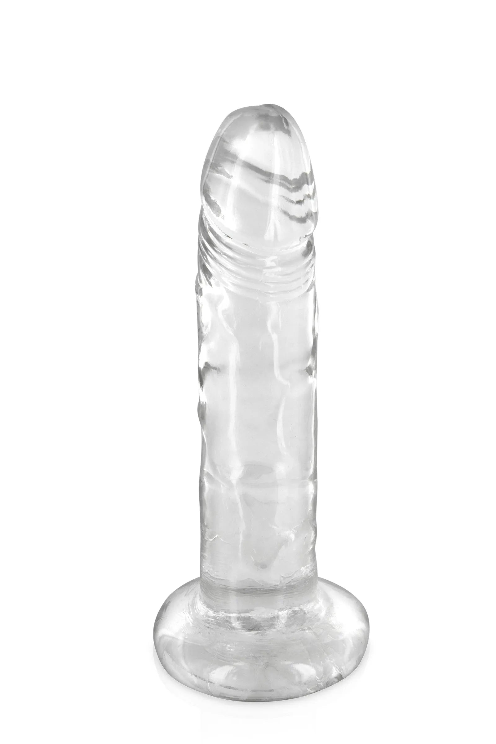 Godemichet transparent 18cm, texture souple TPE, ventouse solide, sans phtalates, idéal pour jeux intimes.