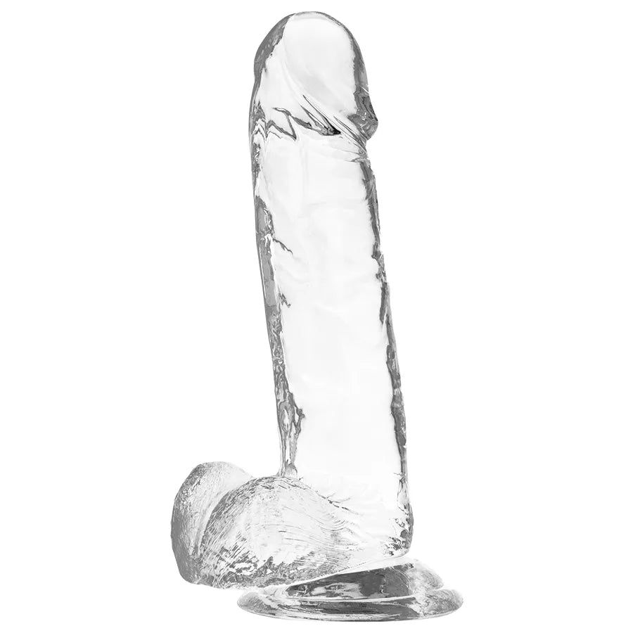 Godemichet transparent réaliste en gelée, texture veiné, tête définie, base ventouse, hypoallergénique et flexible.