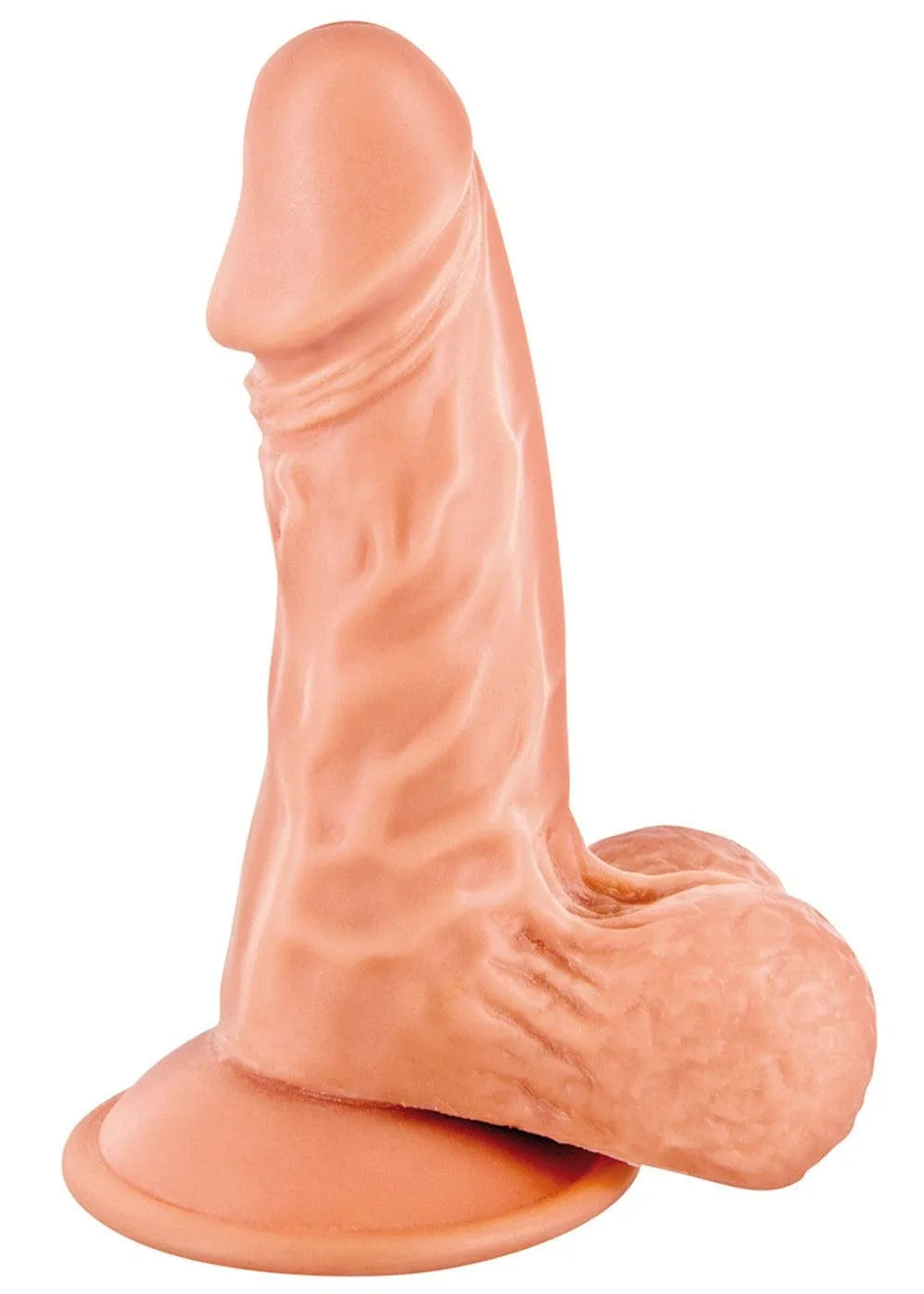 Gode réaliste beige avec ventouse puissante et testicules, 13 cm, sans phtalates, surface texturée, mains libres.