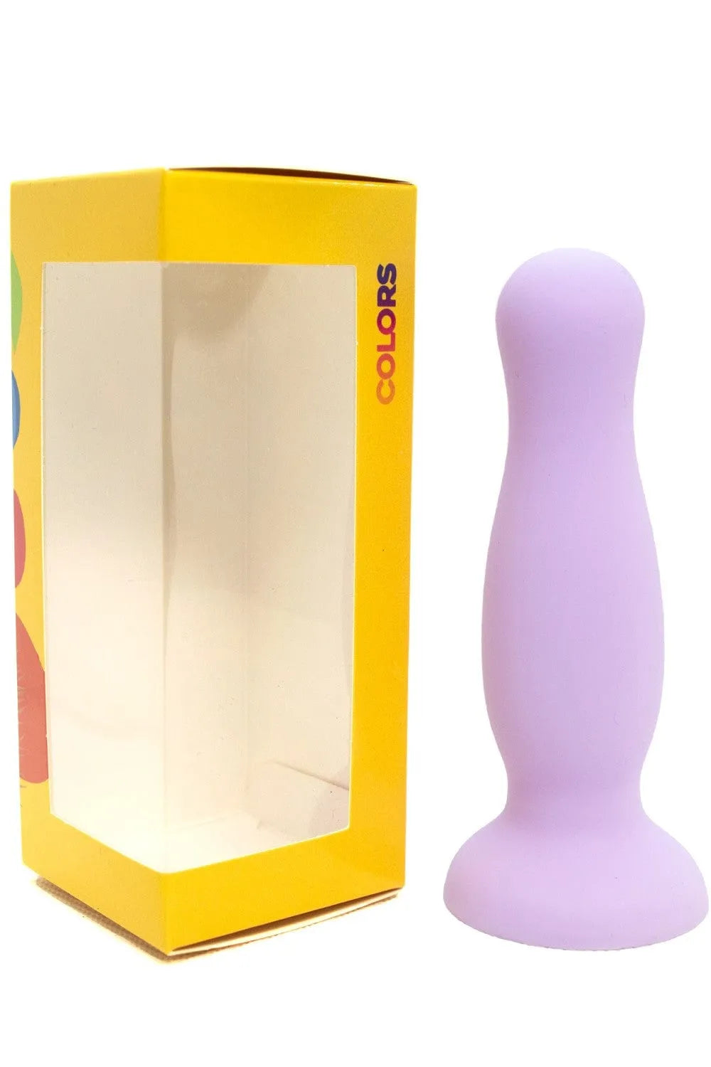 Godemichet ventouse violet pastel taille M, silicone doux, forme lisse, idéal débutants, boîte jaune en arrière-plan.
