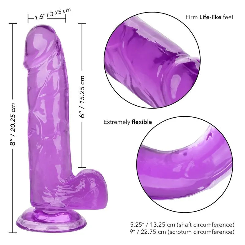 Godemichet ventouse violet réaliste en TPR, texture ferme, flexible, 20 cm, base ventouse robuste, compatible harnais.