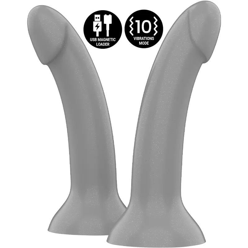 Godemichet vibrant argenté en silicone médicale, forme incurvée, compatible harnais, charge magnétique, 10 modes vibration.