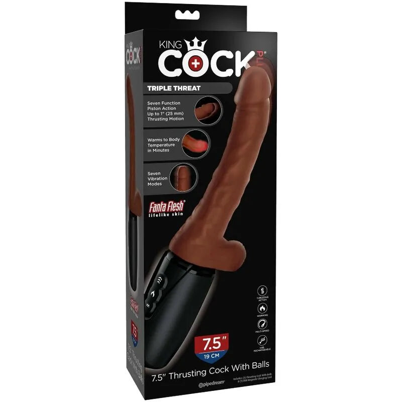 Dildo vibrant chauffant marron avec mouvement de poussée, 7 modes de vibration, ergonomique, en TPE et ABS, sur fond blanc.