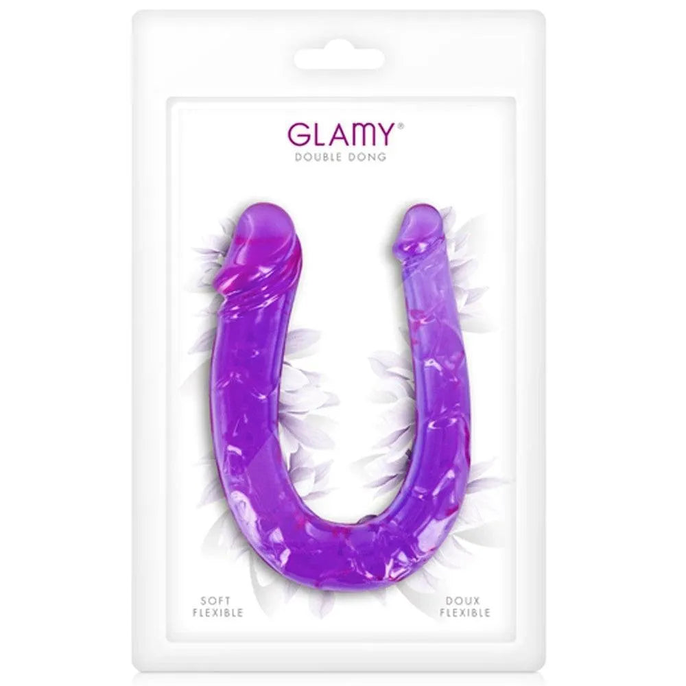 Godemichet violet double extrémité flexible, texture douce, sans phtalates, pour double pénétration et stimulation mutuelle.