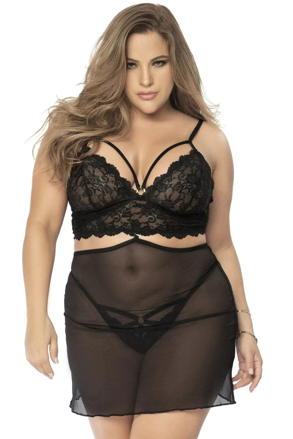 grande taille nuisette dentelle résille noire polyvalente transformable bustier string bretelles réglables confortable ajustée flatteuse élégante