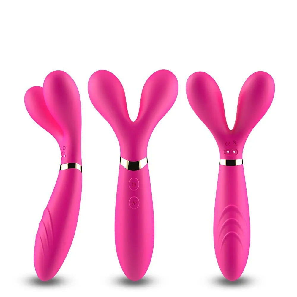 Vibromasseur rose double moteur, forme ergonomique, 9 modes, rechargeable, étanche, compact, stimulation couple et solitaire.